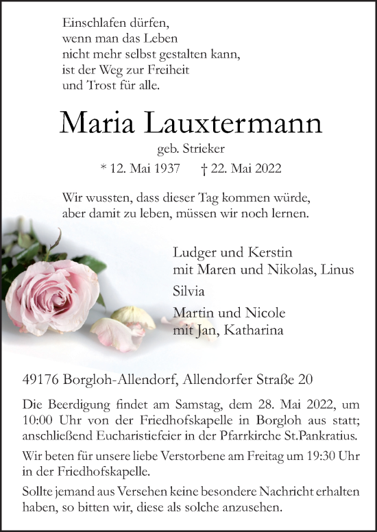 Traueranzeige von Maria Lauxtermann von Neue Osnabrücker Zeitung GmbH & Co. KG