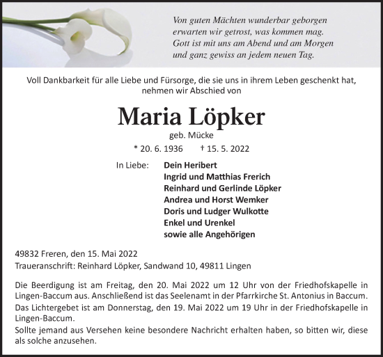 Traueranzeige von Maria Löpker von Neue Osnabrücker Zeitung GmbH & Co. KG