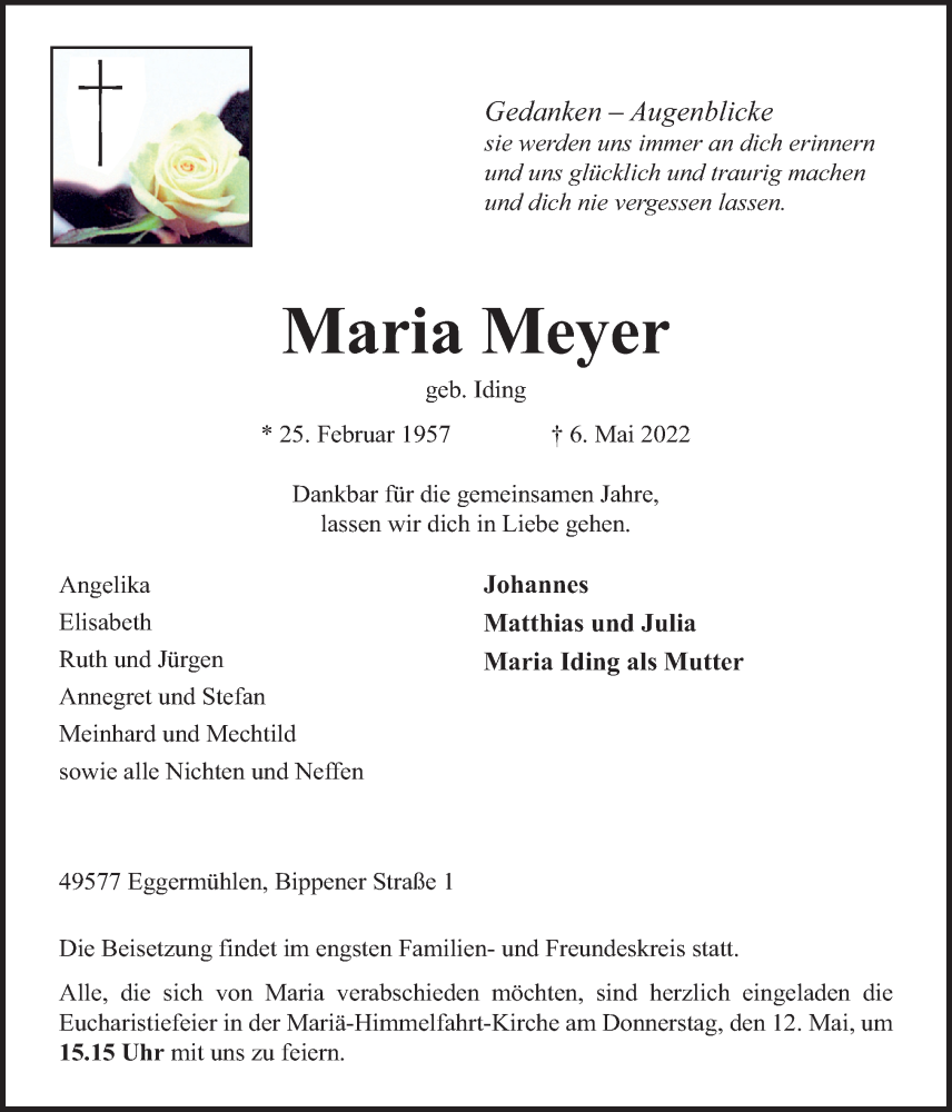  Traueranzeige für Maria Meyer vom 09.05.2022 aus Neue Osnabrücker Zeitung GmbH & Co. KG