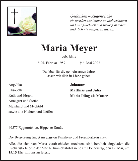 Traueranzeige von Maria Meyer von Neue Osnabrücker Zeitung GmbH & Co. KG