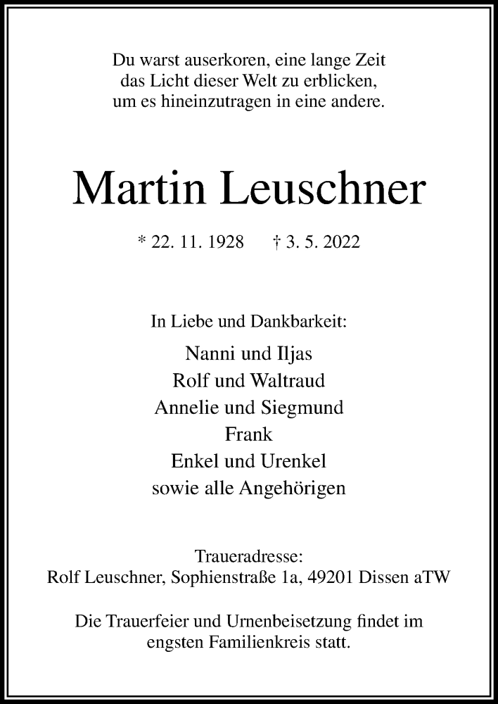  Traueranzeige für Martin Leuschner vom 07.05.2022 aus Neue Osnabrücker Zeitung GmbH & Co. KG