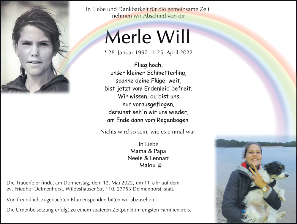  Traueranzeige für Merle Will vom 07.05.2022 aus DK Medien GmbH & Co. KG