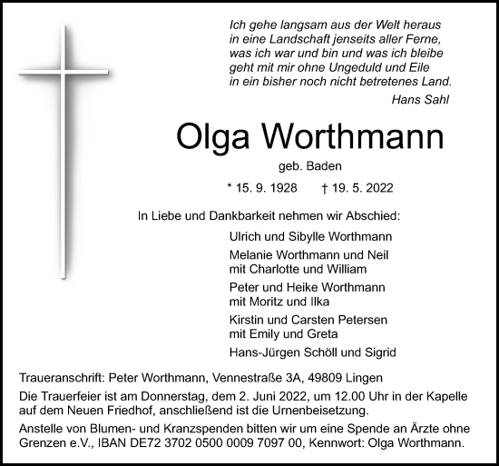 Traueranzeige von Olga Worthmann von Neue Osnabrücker Zeitung GmbH & Co. KG