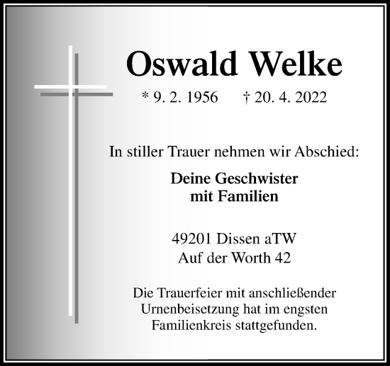 Traueranzeige von Oswald Welke von Neue Osnabrücker Zeitung GmbH & Co. KG