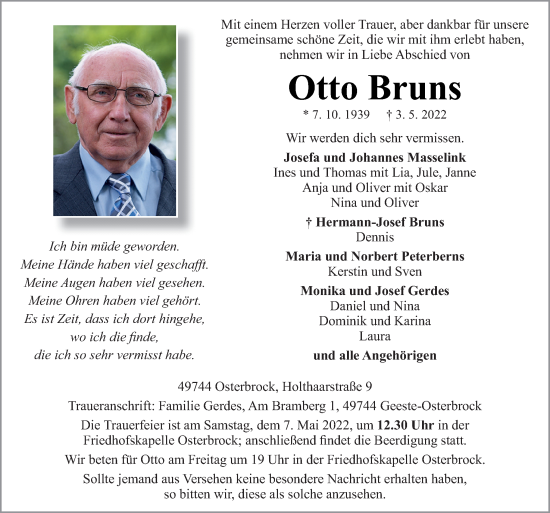 Traueranzeige von Otto Bruns von Neue Osnabrücker Zeitung GmbH & Co. KG