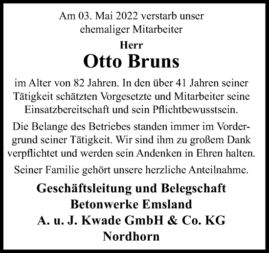 Traueranzeige von Otto Bruns von Neue Osnabrücker Zeitung GmbH & Co. KG