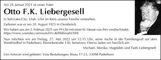 Traueranzeige von Otto FK. Liebergesell von Neue Osnabrücker Zeitung GmbH & Co. KG