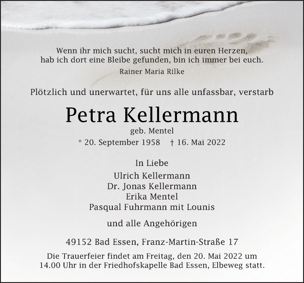  Traueranzeige für Petra Kellermann vom 18.05.2022 aus Neue Osnabrücker Zeitung GmbH & Co. KG
