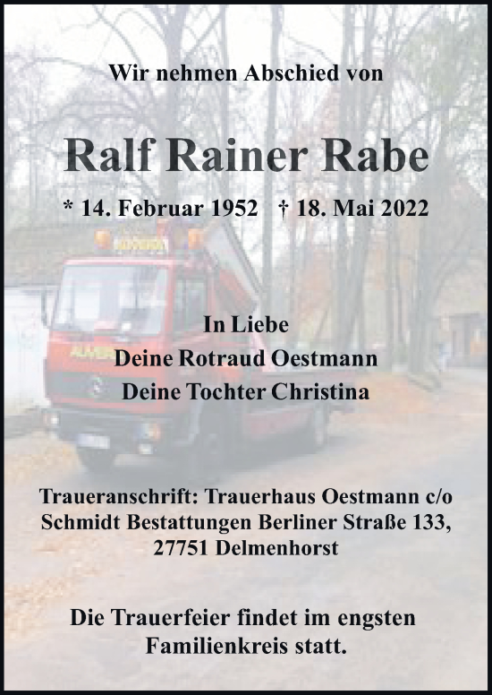Traueranzeige von Ralf Rainer Rabe von DK Medien GmbH & Co. KG