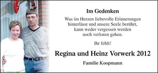 Traueranzeige von Regina und Heinz Vorwerk von Neue Osnabrücker Zeitung GmbH & Co. KG