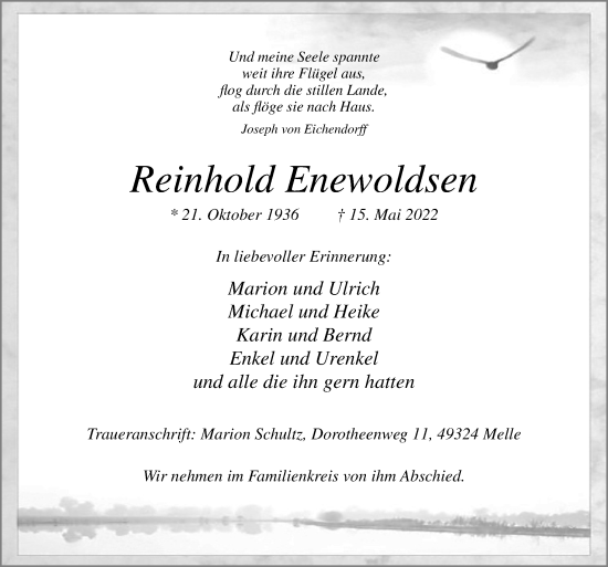 Traueranzeige von Reinhold Enewoldsen von Neue Osnabrücker Zeitung GmbH & Co. KG