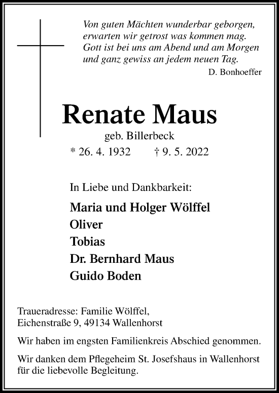 Traueranzeige von Renate Maus von Neue Osnabrücker Zeitung GmbH & Co. KG