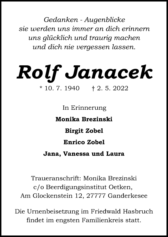 Traueranzeige von Rolf Janacek von DK Medien GmbH & Co. KG