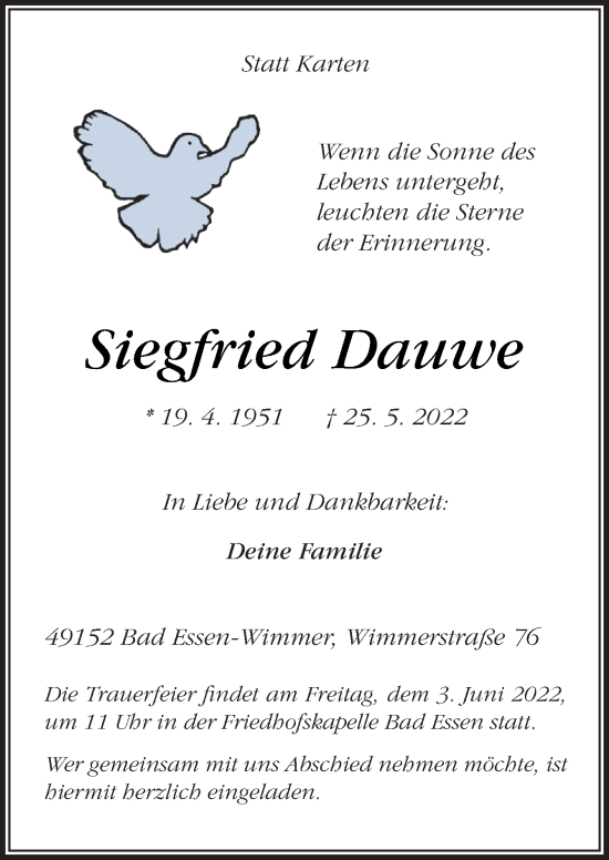Traueranzeige von Siegfried Dauwe von Neue Osnabrücker Zeitung GmbH & Co. KG