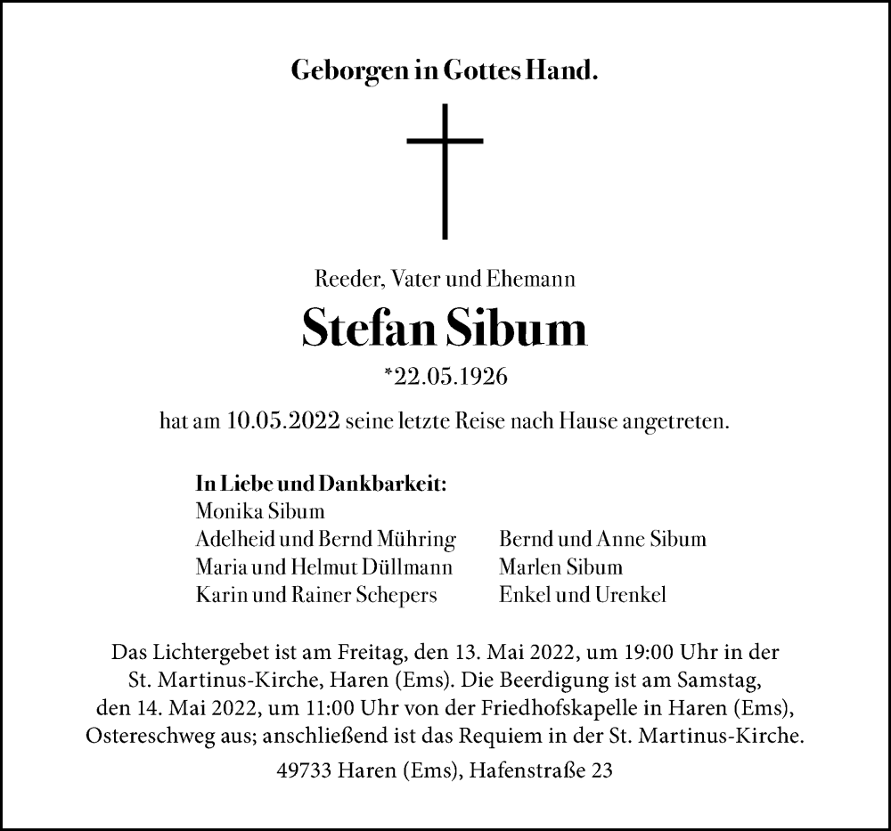  Traueranzeige für Stefan Sibum vom 12.05.2022 aus Neue Osnabrücker Zeitung GmbH & Co. KG