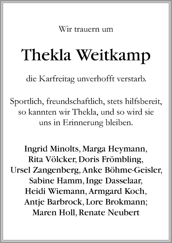 Traueranzeige von Thekla Weitkamp von Neue Osnabrücker Zeitung GmbH & Co. KG