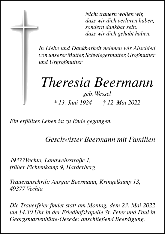 Traueranzeige von Theresia Beermann von Neue Osnabrücker Zeitung GmbH & Co. KG