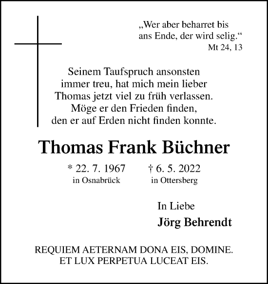 Traueranzeige von Thomas Frank Büchner von Neue Osnabrücker Zeitung GmbH & Co. KG