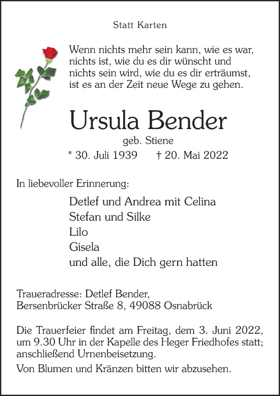 Traueranzeige von Ursula Bender von Neue Osnabrücker Zeitung GmbH & Co. KG