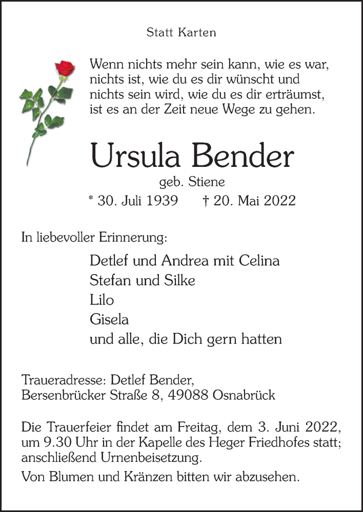 Traueranzeige für Ursula Bender vom 28.05.2022 aus Neue Osnabrücker Zeitung GmbH & Co. KG