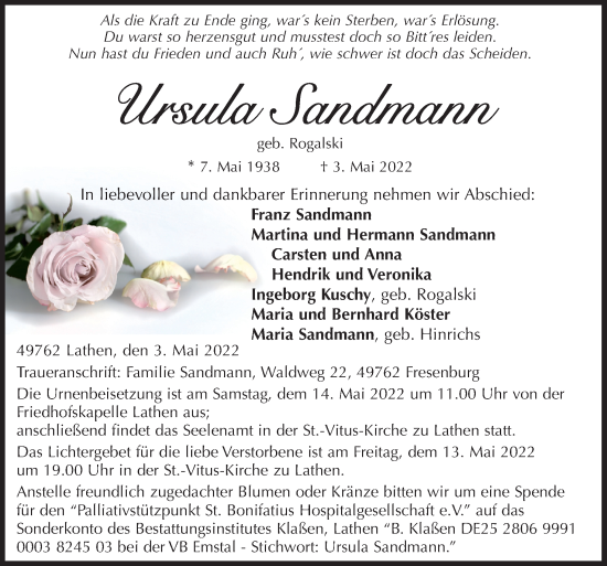 Traueranzeige von Ursula Sandmann von Neue Osnabrücker Zeitung GmbH & Co. KG