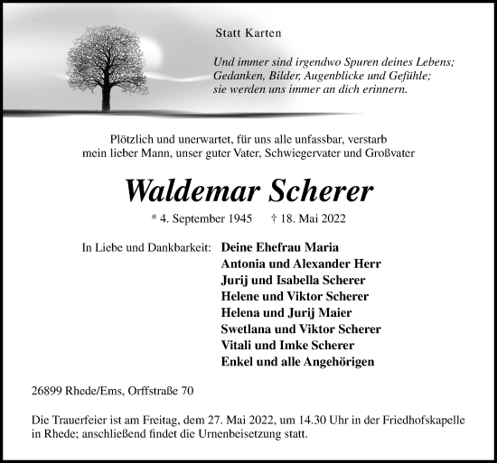 Traueranzeige von Waldemar Scherer von Neue Osnabrücker Zeitung GmbH & Co. KG