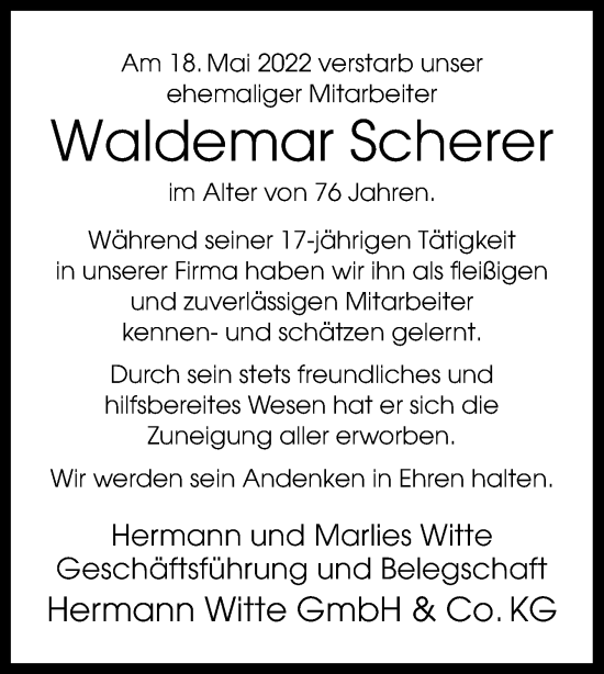 Traueranzeige von Waldemar Scherer von Neue Osnabrücker Zeitung GmbH & Co. KG