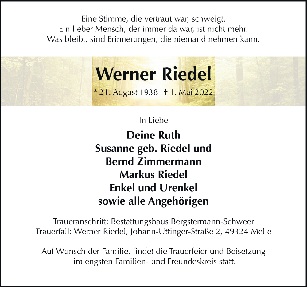 Traueranzeige für Werner Riedel vom 07.05.2022 aus Neue Osnabrücker Zeitung GmbH & Co. KG