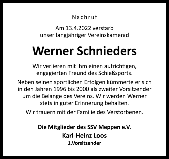 Traueranzeige von Werner Schnieders von Neue Osnabrücker Zeitung GmbH & Co. KG