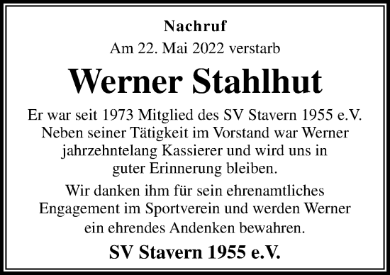 Traueranzeige von Werner Stahlhut von Neue Osnabrücker Zeitung GmbH & Co. KG