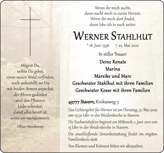 Traueranzeige von Werner Stahlhut von Neue Osnabrücker Zeitung GmbH & Co. KG