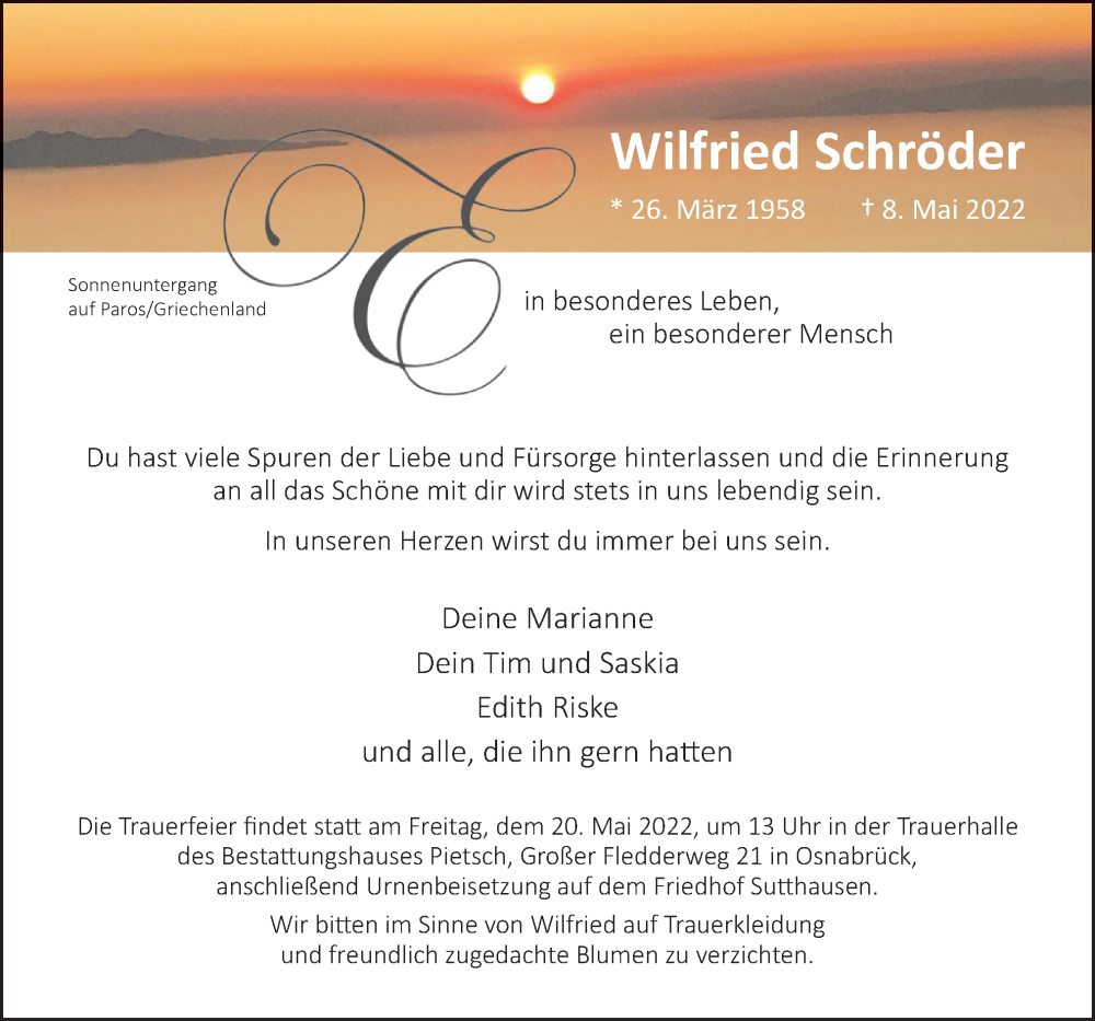  Traueranzeige für Wilfried Schröder vom 14.05.2022 aus Neue Osnabrücker Zeitung GmbH & Co. KG