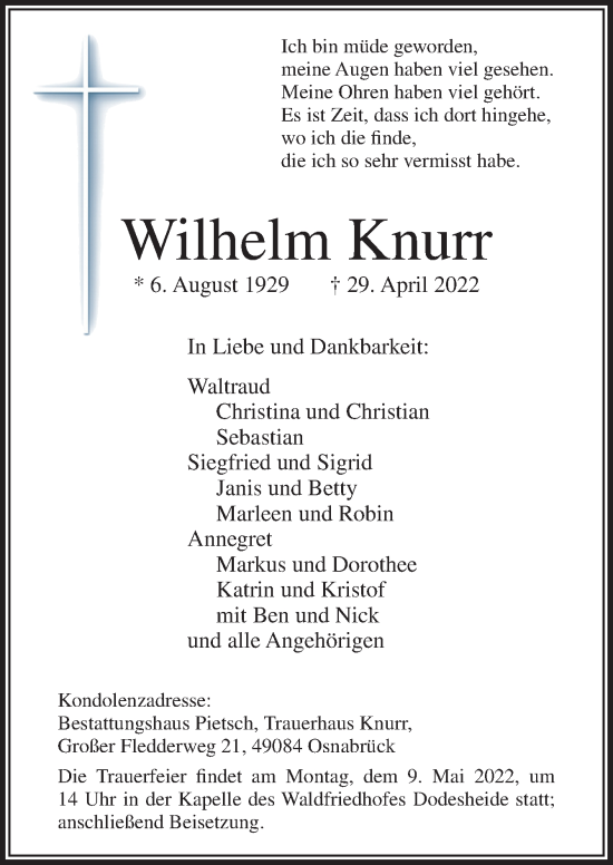 Traueranzeige von Wilhelm Knurr von Neue Osnabrücker Zeitung GmbH & Co. KG