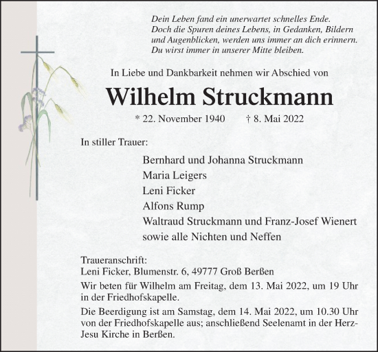 Traueranzeige von Wilhelm Struckmann von Neue Osnabrücker Zeitung GmbH & Co. KG