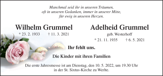 Traueranzeige von Wilhelm und Adelheid Grummel von Neue Osnabrücker Zeitung GmbH & Co. KG