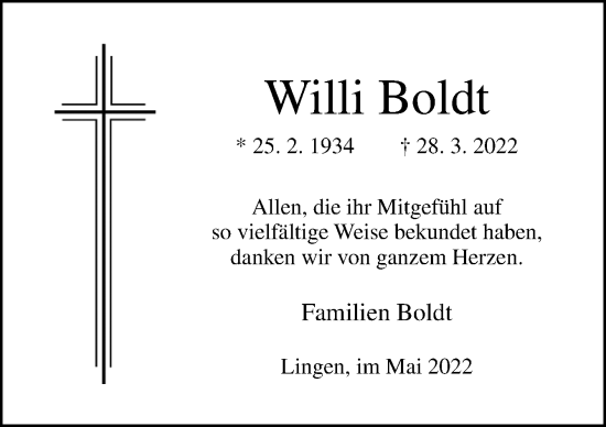Traueranzeige von Willi Boldt von Neue Osnabrücker Zeitung GmbH & Co. KG