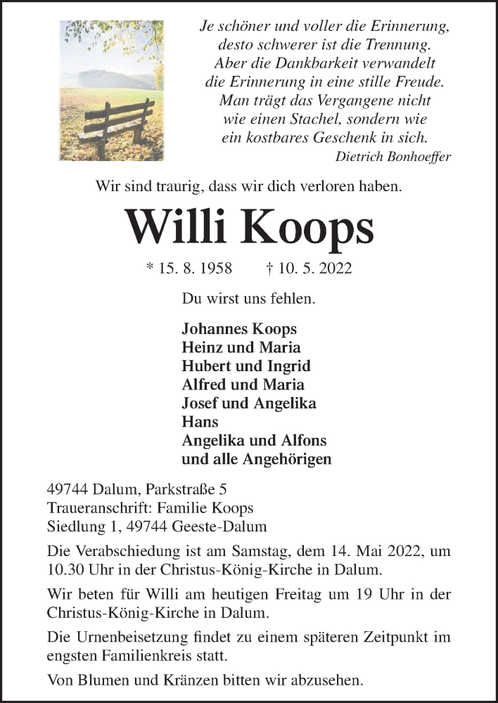  Traueranzeige für Willi Koops vom 13.05.2022 aus Neue Osnabrücker Zeitung GmbH & Co. KG