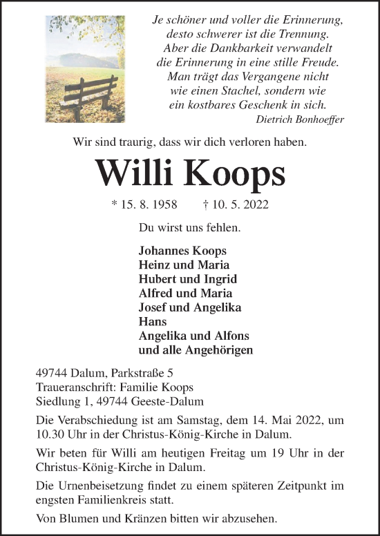 Traueranzeige von Willi Koops von Neue Osnabrücker Zeitung GmbH & Co. KG