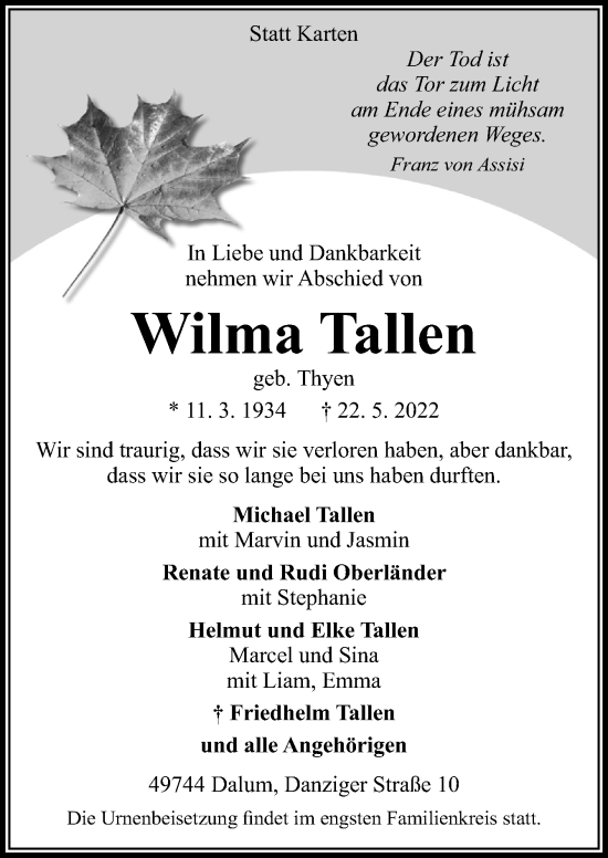 Traueranzeige von Wilma Tallen von Neue Osnabrücker Zeitung GmbH & Co. KG