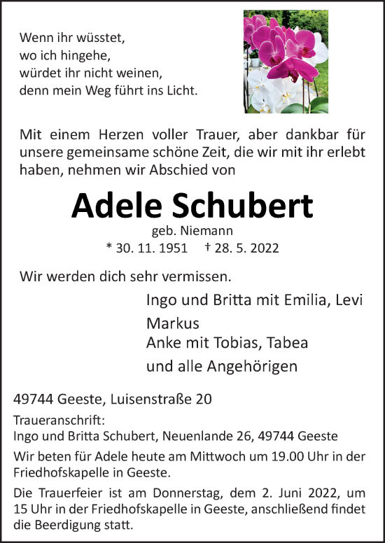 Traueranzeige von Adele Schubert von Neue Osnabrücker Zeitung GmbH & Co. KG