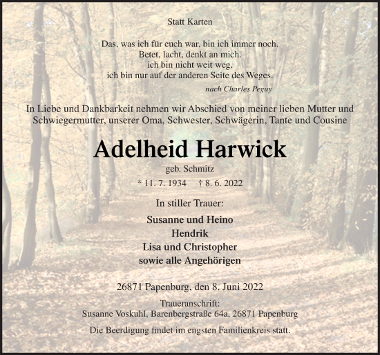 Traueranzeige von Adelheid Harwick von Neue Osnabrücker Zeitung GmbH & Co. KG