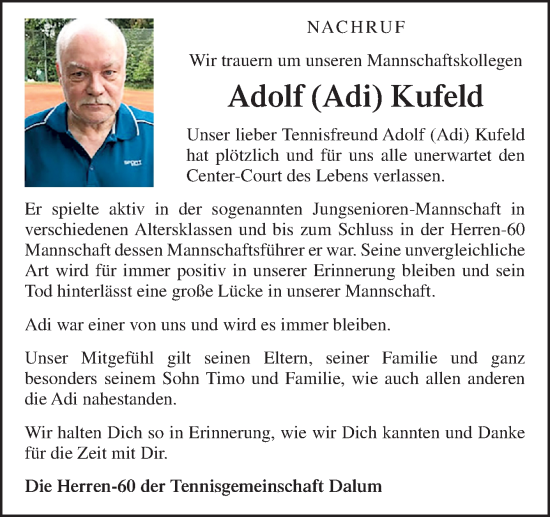 Traueranzeige von Adolf Kufeld von Neue Osnabrücker Zeitung GmbH & Co. KG