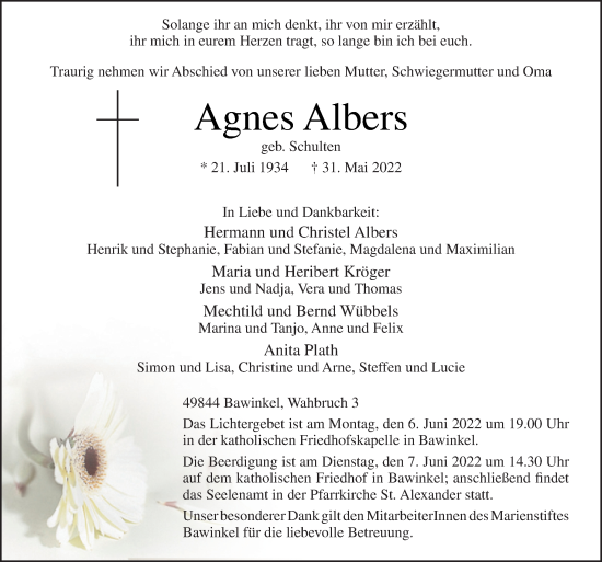 Traueranzeige von Agnes Albers von Neue Osnabrücker Zeitung GmbH & Co. KG