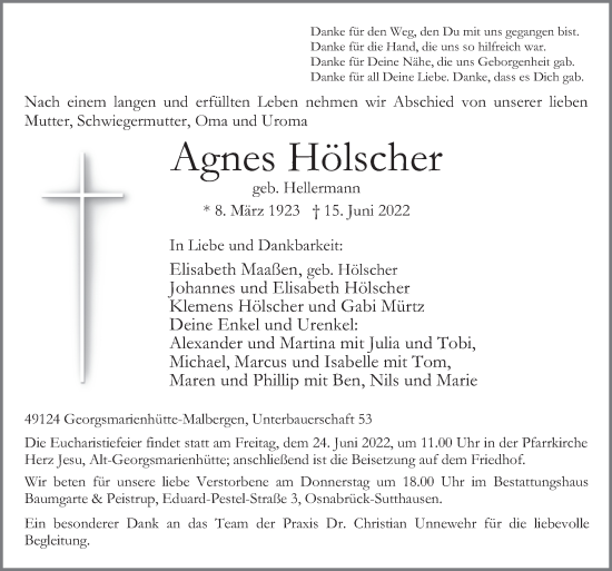 Traueranzeige von Agnes Hölscher von Neue Osnabrücker Zeitung GmbH & Co. KG