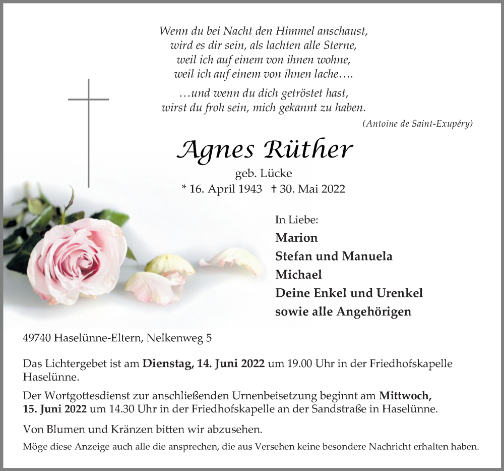  Traueranzeige für Agnes Rüther vom 04.06.2022 aus Neue Osnabrücker Zeitung GmbH & Co. KG