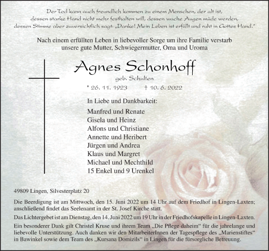 Traueranzeige von Agnes Schonhoff von Neue Osnabrücker Zeitung GmbH & Co. KG