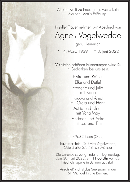 Traueranzeige von Agnes Vogelwedde von Neue Osnabrücker Zeitung GmbH & Co. KG