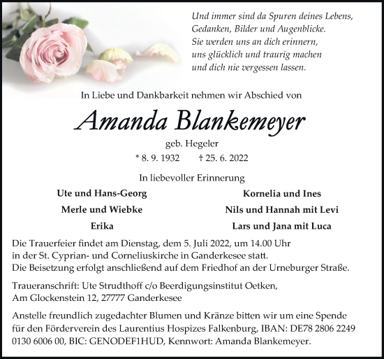 Traueranzeige von Amanda Blankemeyer von DK Medien GmbH & Co. KG