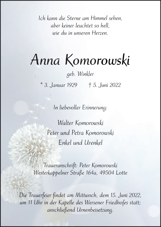 Traueranzeige von Anna Komorowski von Neue Osnabrücker Zeitung GmbH & Co. KG