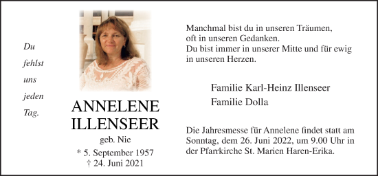 Traueranzeige von Annelene Illenseer von Neue Osnabrücker Zeitung GmbH & Co. KG